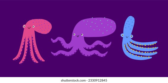 Pulpo de dibujos animados - ilustración vectorial. Asombroso carácter, de estilo plano, conjunto de vida submarina