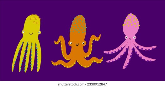 Cute cartoon octopus - vector illustration. Awesome character, flat style, undersea life set