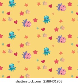 Cute Cartoon Octopuses and Sea Creatures on Yellow Background