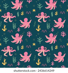 Cute cartoon octopuses seamless pattern. Marine and oceanic fauna and flora. Sea bottom. Vector illustration