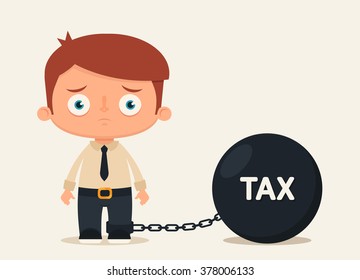Cute Cartoon Office Worker with a Big Tax Weight. Vector Illustration