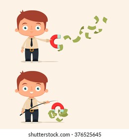 Cute Cartoon Office worker Collecting Money with Magnet and Fishing Rod. Vector Set