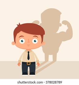 Cute Cartoon Office Worker and His Strong Shadow. Vector Illustration