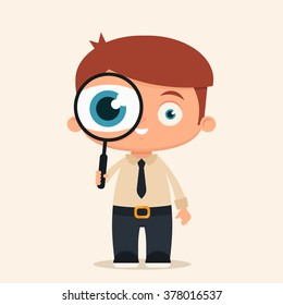 Cute Cartoon Office Worker Holding Big Magnifying Glass. Vector Illustration