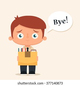 Cute Cartoon Office Worker Leaving His Job and Saying "Bye". Vector Illustration