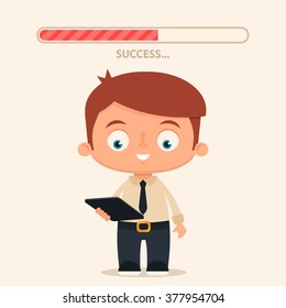 Cute Cartoon Office Worker with Tablet. Success Loading Bar Above His Head. Vector Illustration