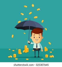 Cute Cartoon Office Worker with Umbrella Standing Under the Rain of Golden Coins. Vector Illustration