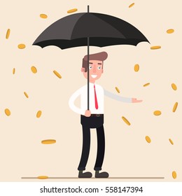 Cute Cartoon Office Worker with Umbrella Standing Under the Rain of Golden Coins. Vector Illustration