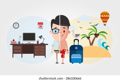 Cute Cartoon Office Worker: Vocation And Vacation