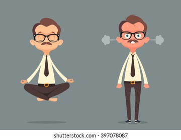 Cute Cartoon Office Workers: Calm And Angry. Vector Illustration