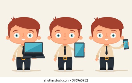 Cute Cartoon Office Workers Holding different Devices: Laptop, Tablet and Phone. Vector Set