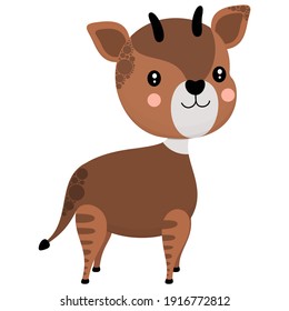 Cute cartoon okapi smiling character with rosy cheeks. Isolated children's illustration of an African artiodactyl jungle animal on a white background. Vector.