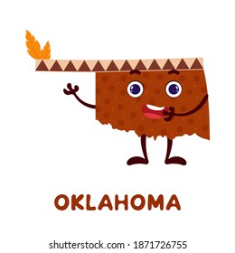 Cute cartoon Oklahoma state character clipart. Illustrated map of state of Oklahoma of USA with state name. Funny character design for kids game, sticker, cards, poster. Vector stock illustration.