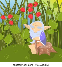 Cute cartoon old bearded troll sitting on a stump, green summer landscape vector illustration