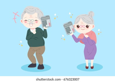 cute cartoon old couple take calculator on the blue background