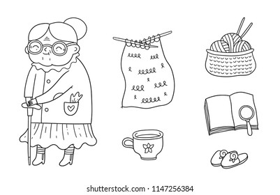 Cute cartoon old lady. Funny grandma and book, cup of tea, knits.