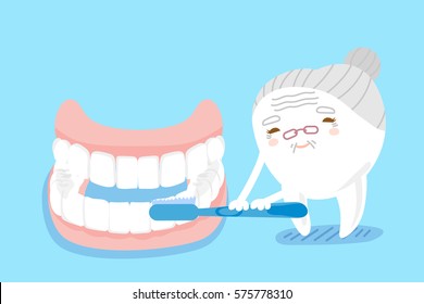 cute cartoon old tooth brush with false tooth
