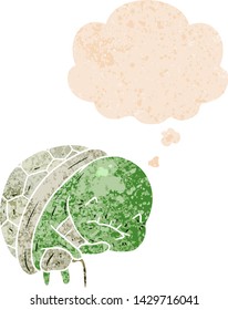 cute cartoon old turtle with thought bubble in grunge distressed retro textured style