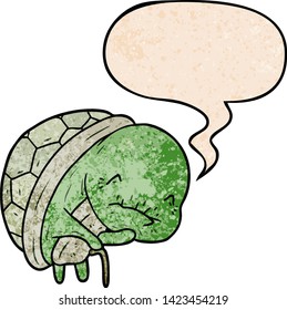 cute cartoon old turtle with walking stick with speech bubble in retro texture style