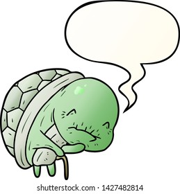 caricatura bonita tortuga antigua con bastón para caminar con burbuja de habla en un estilo de gradiente suave