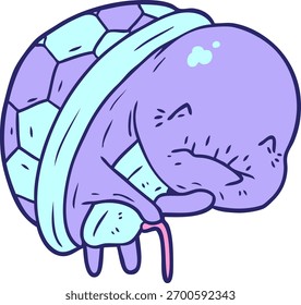 süße Cartoon alte Schildkröte mit Gehstock in heller Neonfarbe