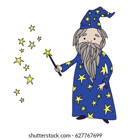 Cute cartoon old wizard magic man with magic stick. Vector illustration.