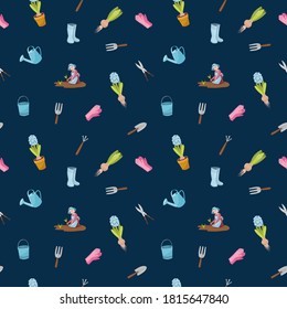 Cute cartoon old woman gardening flowers in spting time. Vector illustration seamless pattern