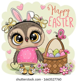 Cute Cartoon Olw with a basket of Easter eggs