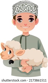 Cute Cartoon Omani Kids Holding A Goat. Vector Illustration 