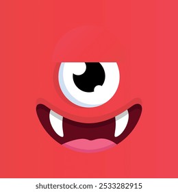 Cute cartoon one eyed monster face background. Funny monster face in childish style on red background. Vector illustration