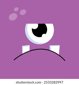 Cute cartoon one eyed monster face background. Funny sad monster face in childish style on purple background. Vector illustration