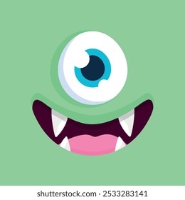 Cute cartoon one eyed monster face background. Funny smiling monster face in childish style on green background. Vector illustration