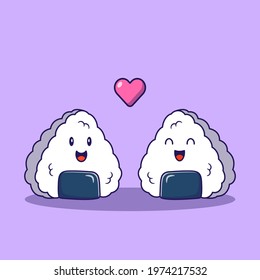 Cute Cartoon Onigiri Couple in Love Flat Vector Illustration Isolated.