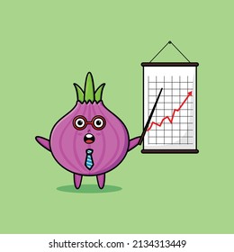 Cute cartoon onion businessman present information in 3d modern style design