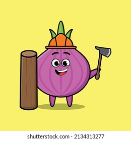 Cute cartoon onion as carpenter character with ax and wood in 3d modern style design