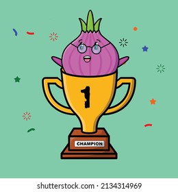 Cute cartoon onion character in trophy in concept 3d cartoon style