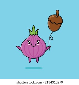 Cute cartoon onion floating with acorn balloon cartoon vector illustration