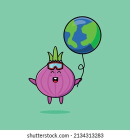 Cute cartoon onion floating with earth world balloon cartoon vector illustration