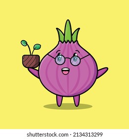 Cute cartoon onion holding plant in a pot 3d modern style design