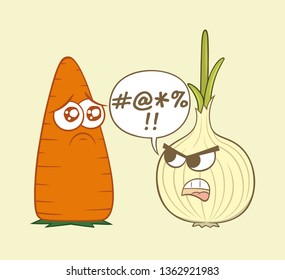 Cute cartoon Onion makes carrot cry

