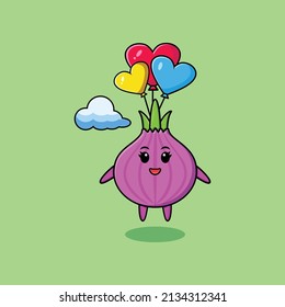 Cute cartoon Onion mascot is skydiving with balloon and happy gesture