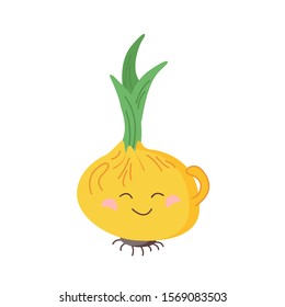 Cute cartoon onion. Root, fun food, healthy vegetable, pretty face. Green forelock onion. Kawaii food. Isolated vector image on white background.