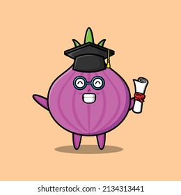 Cute cartoon onion student character on graduation day with toga in concept 3d cartoon style