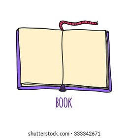 Cute cartoon open book with a bookmark. Isolated with the inscription