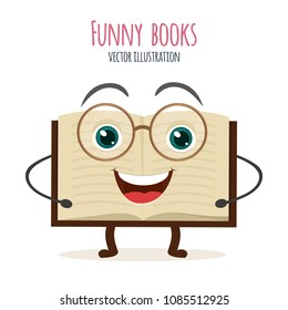 Cute cartoon open book character with smiling faces. Vector illustration icon isolated on white background. EPS 10.