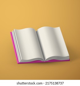 Cute Cartoon offenes Buch. Realistisches 3D-Buch mit Schatten auf gelbem Hintergrund. Vektorgrafik.