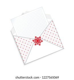 Cute cartoon open envelope with clear paper sheet inside and snowflake ornament isolated on white background. Festive winter icon, clip art for christmas, new year, valentine greeting card design.