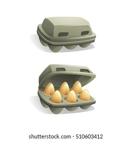 Cute cartoon open tray with eggs and closed tray on white background. Vector illustration.