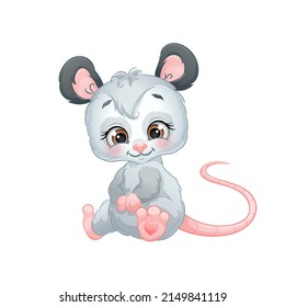 Cute cartoon opossum, vector illustration. Isolated white background