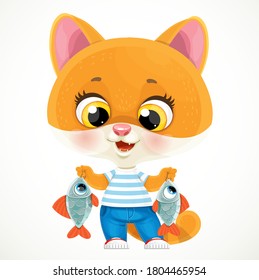 Cute cartoon orange baby cat with caught fish isolated on a white background